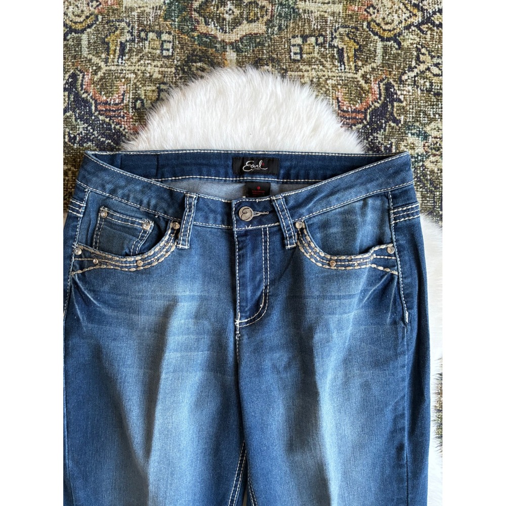 Earl Jean Women's Blue Denim Embellished Pocket Straight capri Leg Jeans Size 8 - Picture 2 of 8